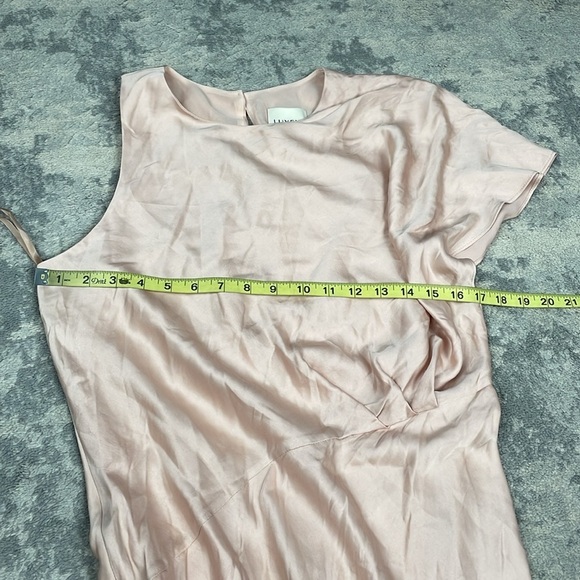 NWT Luxely Asymmetric Satin Maxi Dress Ruffle Sleeve Gathered Waist Blush Sz 8 - Picture 9 of 14